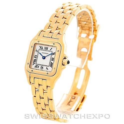 The image shows a side-angle view of the Cartier Panthere W25022B9 Women's Yellow Gold Silver Dial W25022B9 Women's Yellow Gold Silver Dial watch, highlighting its gold bracelet, square face, and blue hands.