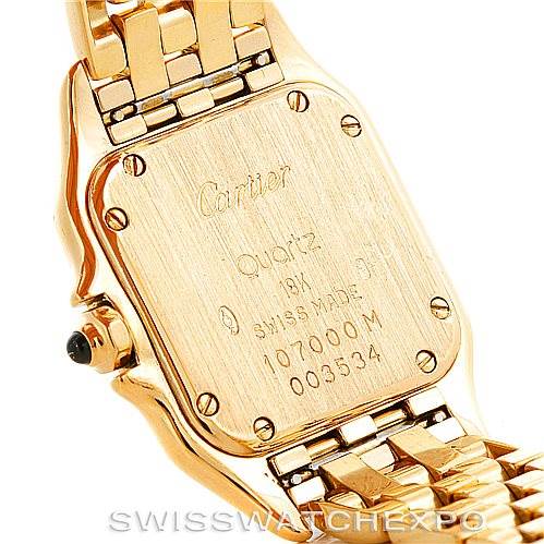 The image shows the back view of a Cartier Panthere W25022B9 Women's Yellow Gold Silver Dial W25022B9 Women's Yellow Gold Silver Dial model watch, highlighting the case back and part of the bracelet.