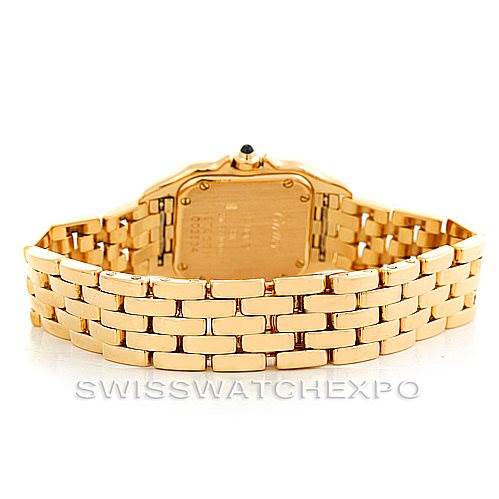 The image shows the back view of the Cartier Panthere W25022B9 Women's Yellow Gold Silver Dial W25022B9 Women's Yellow Gold Silver Dial model watch, highlighting its rectangular case and gold link bracelet.