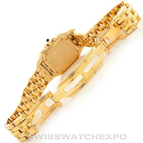 The image shows the back view of the Cartier Panthere W25022B9 Women's Yellow Gold Silver Dial W25022B9 Women's Yellow Gold Silver Dial watch, highlighting its gold bracelet and clasp mechanism.