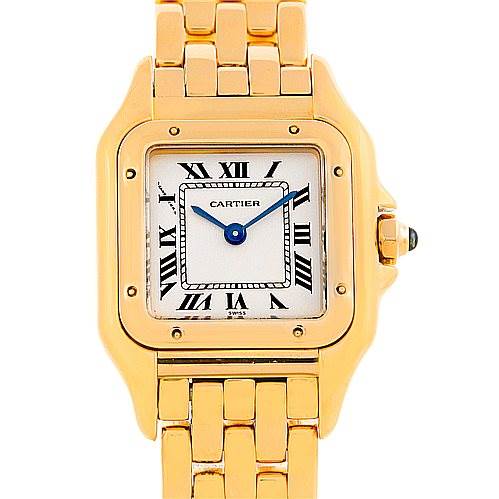 The image shows a front view of a Cartier Panthere W25022B9 Women's Yellow Gold Silver Dial W25022B9 Women's Yellow Gold Silver Dial watch, highlighting its gold casing, bracelet, Roman numeral dial, and blue steel hands.