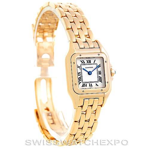 The image shows a front and slightly angled view of the Cartier Panthere W25022B9 Women's Yellow Gold Silver Dial W25022B9 Women's Yellow Gold Silver Dial watch, highlighting its gold bracelet and square face.