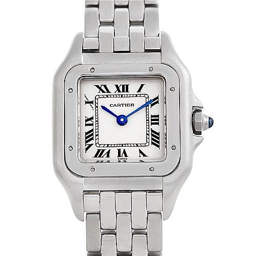 This image shows a front view of the Cartier Panthere W25033P5 Women's Stainless Steel Silver Dial W25033P5 Women's Stainless Steel Silver Dial watch, focusing on its square face, Roman numerals, and metallic bracelet.