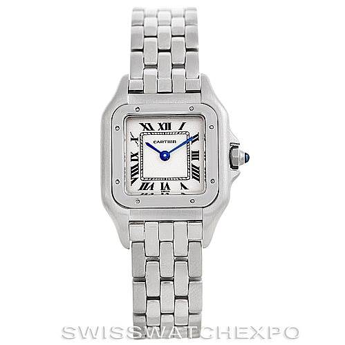 The image shows a front view of the Cartier Panthere W25033P5 Women's Stainless Steel Silver Dial W25033P5 Women's Stainless Steel Silver Dial watch, displaying the dial, bezel, and part of the bracelet.