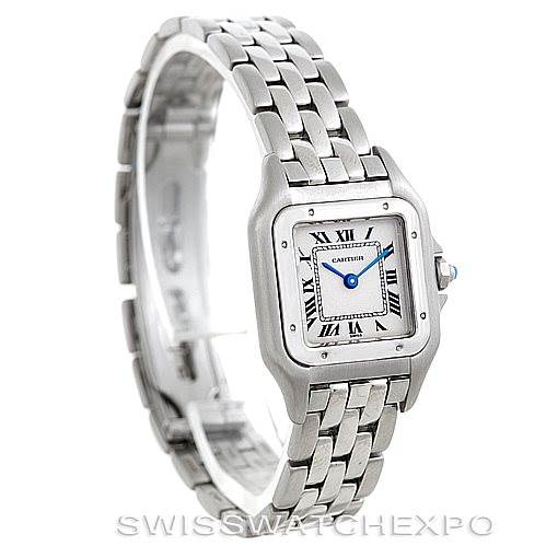 This image shows a side and front angle of the Cartier Panthere W25033P5 Women's Stainless Steel Silver Dial W25033P5 Women's Stainless Steel Silver Dial watch, highlighting its bracelet and watch face.