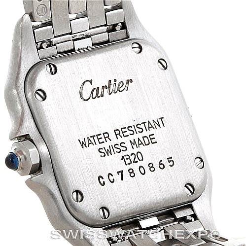 This image shows the back case and part of the bracelet of a Cartier Panthere W25033P5 Women's Stainless Steel Silver Dial W25033P5 Women's Stainless Steel Silver Dial watch, highlighting its markings and screws.