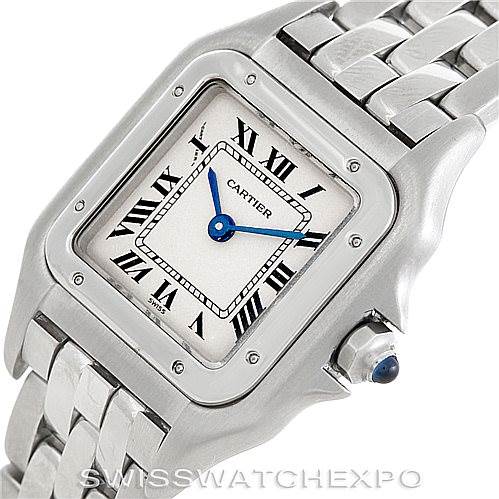 The image shows a close-up of the Cartier Panthere W25033P5 Women's Stainless Steel Silver Dial W25033P5 Women's Stainless Steel Silver Dial watch face and a portion of its metal bracelet from a front angle.