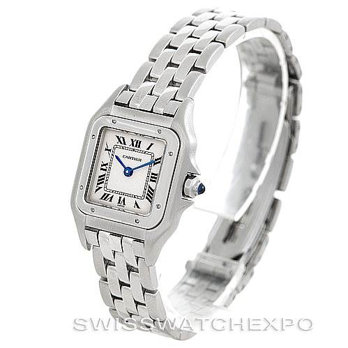 This is a Cartier Panthere W25033P5 Women's Stainless Steel Silver Dial W25033P5 Women's Stainless Steel Silver Dial model watch shown at a three-quarter angle, displaying its face, bezel, and bracelet.