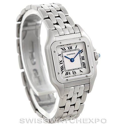The image shows an angled side view of the Cartier Panthere W25033P5 Women
s Stainless Steel Silver Dial W25033P5 Women
s Stainless Steel Silver Dial watch, highlighting the face, bracelet, crown, and case.