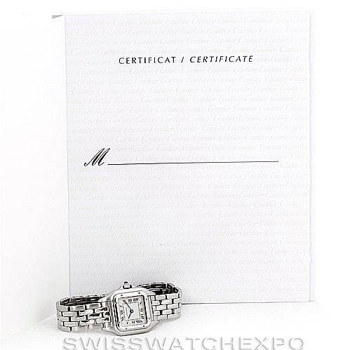 The image shows a Cartier Panthere W25033P5 Women
s Stainless Steel Silver Dial W25033P5 Women
s Stainless Steel Silver Dial watch and a certificate of Best Quality
ity from a front angle.