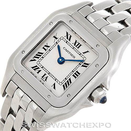 This image shows a Panthere model by Cartier from an angled view, highlighting its dial, Roman numerals, blue hands, and steel bracelet.