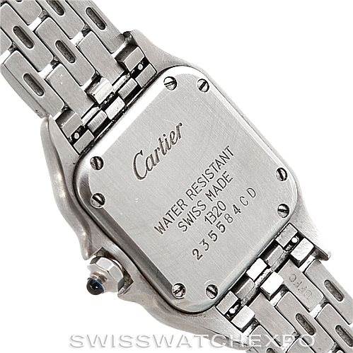 The image shows the back side of a Cartier Panthère watch, highlighting its case back and part of the metal bracelet.