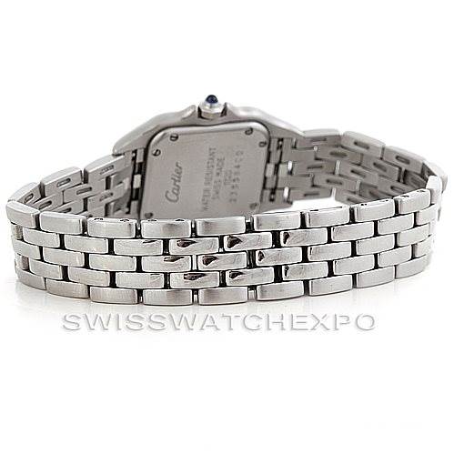 This image shows the back view of the Cartier Panthere W25033P5 Women
s Stainless Steel Silver Dial W25033P5 Women
s Stainless Steel Silver Dial watch, highlighting the case back and the stainless steel bracelet.