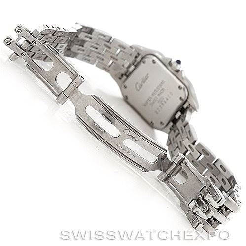 This image shows the rear angle of a Cartier Panthere W25033P5 Women
s Stainless Steel Silver Dial W25033P5 Women
s Stainless Steel Silver Dial watch, focusing on its clasp and bracelet.
