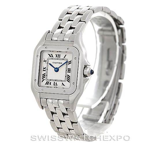 The image shows a Cartier Panthere W25033P5 Women
s Stainless Steel Silver Dial W25033P5 Women
s Stainless Steel Silver Dial watch at a slight angle, highlighting the face, bracelet, and crown with a blue cabochon.