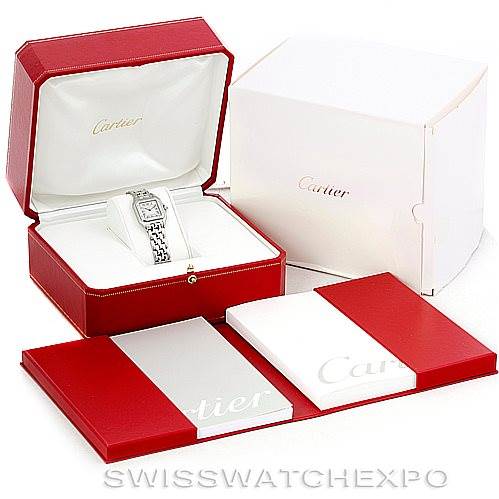 The image shows a Cartier Panthere W25033P5 Women
s Stainless Steel Silver Dial W25033P5 Women
s Stainless Steel Silver Dial watch in its red box, with its outer white box and accompanying booklets.