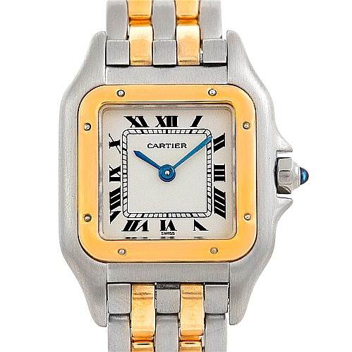 This image shows a front view of the Cartier Panthere W25029B6 Women
s Stainless Steel Silver Dial W25029B6 Women
s Stainless Steel Silver Dial watch, highlighting its face, bezel, and part of the bracelet.