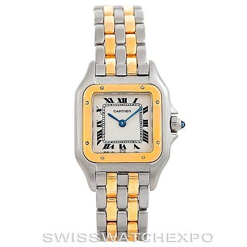 The Cartier Panthere W25029B6 Women
s Stainless Steel Silver Dial W25029B6 Women
s Stainless Steel Silver Dial watch is shown from the front, displaying its face, case, and two-tone bracelet.