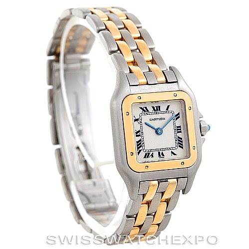 The image shows a Cartier Panthere W25029B6 Women
s Stainless Steel Silver Dial W25029B6 Women
s Stainless Steel Silver Dial watch angled slightly to the side, displaying the face, bezel, and two-tone bracelet.