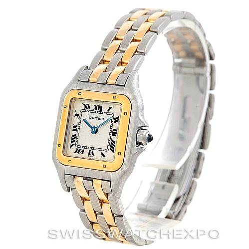 This image shows a front and side view of a Cartier Panthere W25029B6 Women
s Stainless Steel Silver Dial W25029B6 Women
s Stainless Steel Silver Dial model watch, highlighting its two-tone bracelet and square dial.