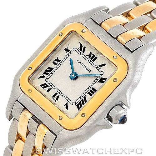 This image shows a close-up of the Cartier Panthère model watch, highlighting the dial, bezel, and part of the bracelet.