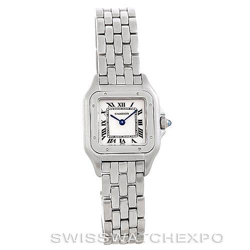 The Cartier Panthere W25033P5 Women
s Stainless Steel Silver Dial W25033P5 Women
s Stainless Steel Silver Dial watch is shown from a top-down angle, displaying the face, bezel, and bracelet.