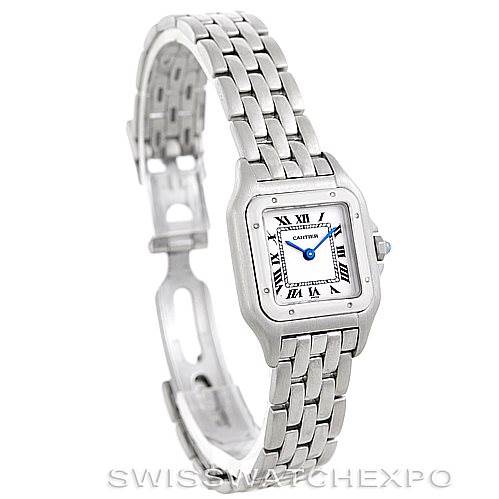 The image shows a Cartier Panthere W25033P5 Women
s Stainless Steel Silver Dial W25033P5 Women
s Stainless Steel Silver Dial watch at a slightly angled side view, displaying the face, bezel, and linked bracelet.