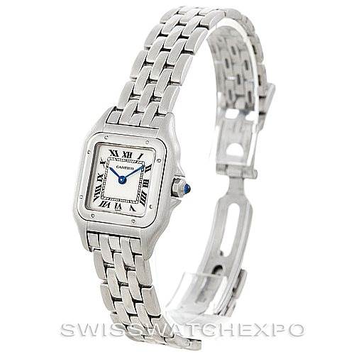 This image shows a side view of the Cartier Panthere W25033P5 Women
s Stainless Steel Silver Dial W25033P5 Women
s Stainless Steel Silver Dial watch, highlighting the face, bracelet, and clasp.