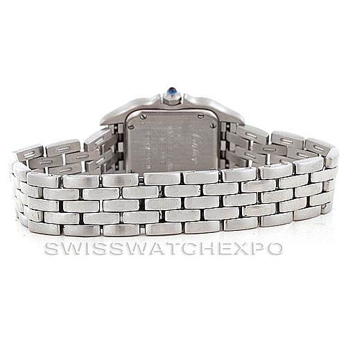 The image shows the back view of a Cartier Panthere W25033P5 Women
s Stainless Steel Silver Dial W25033P5 Women
s Stainless Steel Silver Dial watch, focusing on the case back and stainless steel bracelet.