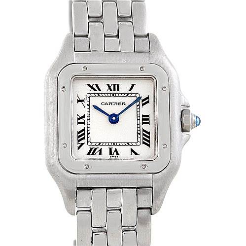 The image shows a front view of a Cartier Panthere W25033P5 Women
s Stainless Steel Silver Dial W25033P5 Women
s Stainless Steel Silver Dial watch, displaying its square face, Roman numeral markers, and metal bracelet.