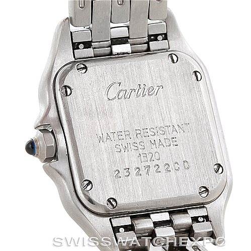 The image shows the back case and part of the bracelet of a Cartier Panthere W25033P5 Women
s Stainless Steel Silver Dial W25033P5 Women
s Stainless Steel Silver Dial model watch, highlighting the brand engraving and water resistance details.