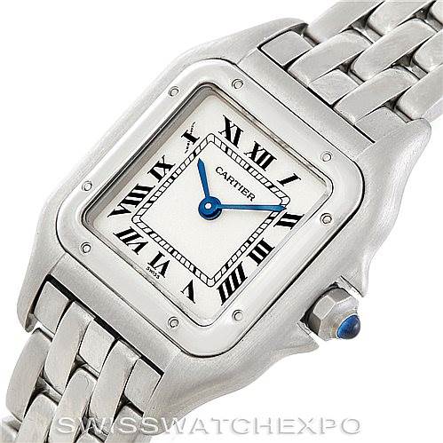 This image shows a close-up of a Cartier Panthere W25033P5 Women
s Stainless Steel Silver Dial W25033P5 Women
s Stainless Steel Silver Dial watch, highlighting the face, Roman numerals, and part of the metal bracelet.