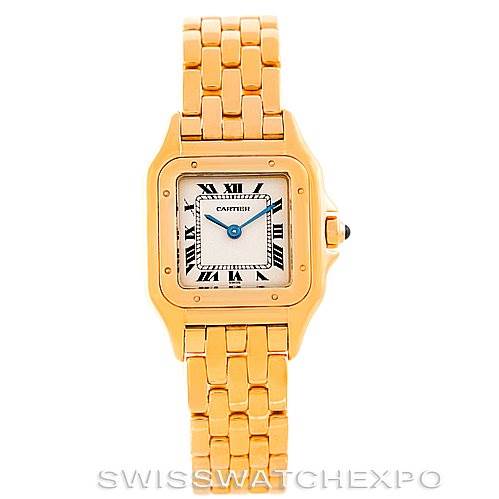 The image shows a front view of the Cartier Panthere W25022B9 Women's Yellow Gold Silver Dial W25022B9 Women's Yellow Gold Silver Dial model watch, featuring the face, bezel, and bracelet.