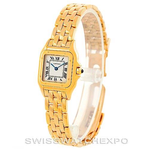 This image shows a Cartier Panthere W25022B9 Women's Yellow Gold Silver Dial W25022B9 Women's Yellow Gold Silver Dial model watch from a three-quarter angle, highlighting its gold bracelet and square dial.