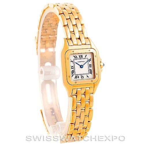 The image shows a side angle of the Cartier Panthere W25022B9 Women's Yellow Gold Silver Dial W25022B9 Women's Yellow Gold Silver Dial model watch, highlighting its gold bracelet and square face with Roman numerals.