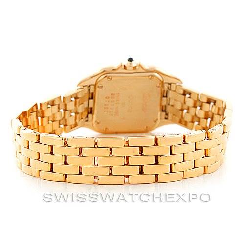 The image shows the back view of a Cartier Panthere W25022B9 Women's Yellow Gold Silver Dial W25022B9 Women's Yellow Gold Silver Dial model watch, highlighting its gold bracelet and case back.