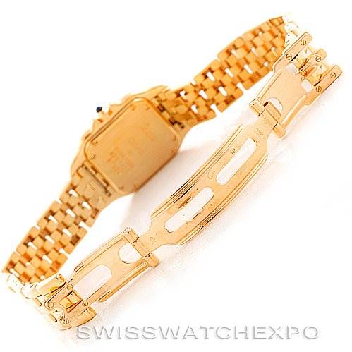The image shows the back view of a Cartier Panthere W25022B9 Women's Yellow Gold Silver Dial W25022B9 Women's Yellow Gold Silver Dial model watch with a focus on the gold bracelet and clasp.