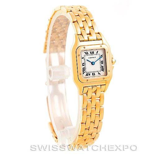 The image shows a Cartier Panthere W25022B9 Women's Yellow Gold Silver Dial W25022B9 Women's Yellow Gold Silver Dial watch at a slight left-facing angle, highlighting its gold bracelet and square dial.
