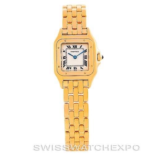 The image shows a frontal view of a Cartier Panthère watch, highlighting its face, bezel, and gold bracelet.