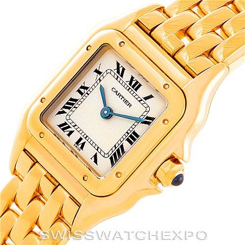 The image shows a Cartier Panthere W25022B9 Women's Yellow Gold Silver Dial W25022B9 Women's Yellow Gold Silver Dial model watch from an angled top view, highlighting its gold case, bracelet, and square dial with Roman numerals.