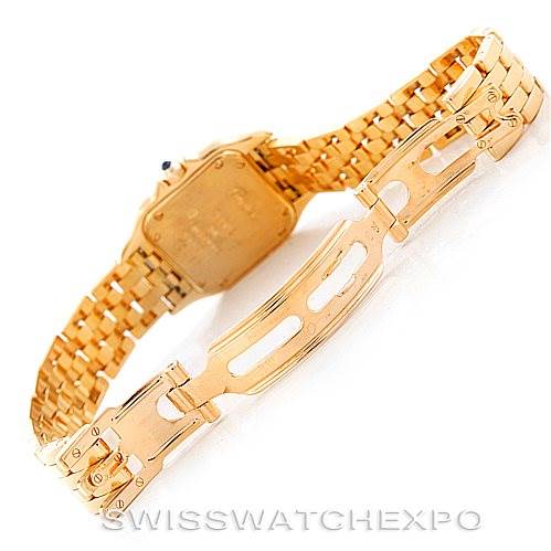 This image shows the back and clasp of a Cartier Panthere W25022B9 Women's Yellow Gold Silver Dial W25022B9 Women's Yellow Gold Silver Dial model watch, highlighting its gold bracelet and deployment clasp.