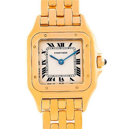 This image shows a front view of the Cartier Panthere W25022B9 Women's Yellow Gold Silver Dial W25022B9 Women's Yellow Gold Silver Dial model watch, highlighting its square gold case, Roman numeral dial, and gold bracelet.