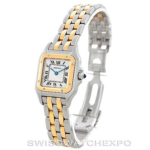 This image shows a Cartier Panthere W25029B6 Women
s Stainless Steel Silver Dial W25029B6 Women
s Stainless Steel Silver Dial watch at an angle displaying the face, bezel, and two-tone bracelet.