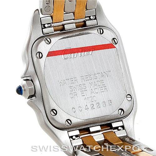 The image shows the back case and part of the bracelet of a Cartier Panthere W25029B6 Women
s Stainless Steel Silver Dial W25029B6 Women
s Stainless Steel Silver Dial watch, highlighting the case back and inscriptions.