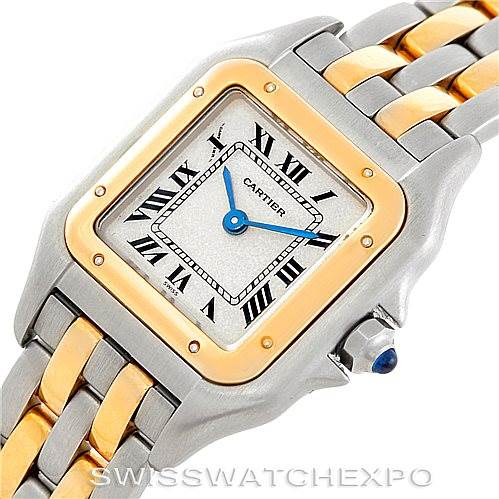 The image shows a close-up of a Cartier Panthere W25029B6 Women
s Stainless Steel Silver Dial W25029B6 Women
s Stainless Steel Silver Dial watch face at an angle, with parts of the bi-metal bracelet visible.