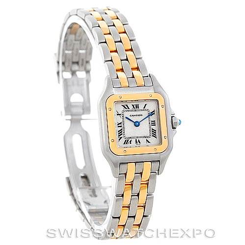 This image shows a Cartier Panthere W25029B6 Women
s Stainless Steel Silver Dial W25029B6 Women
s Stainless Steel Silver Dial watch from an angled side view, emphasizing the dual-tone band and square dial.