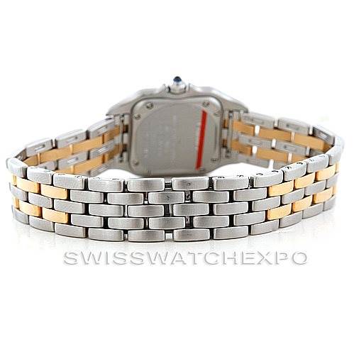 The image shows the back view of the Panthere model by Cartier, featuring a two-tone metal bracelet.