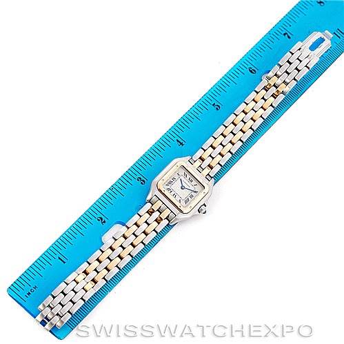 This is a top view of the Cartier Panthere W25029B6 Women
s Stainless Steel Silver Dial W25029B6 Women
s Stainless Steel Silver Dial model watch, showing the face and entire band against a ruler for scale.