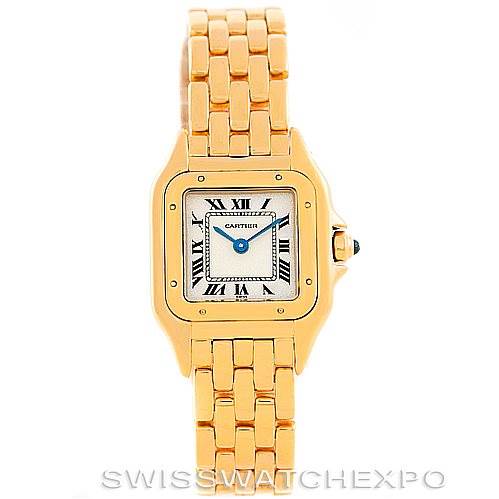 This image shows the Panthere model watch by Cartier from a front angle, displaying its face, case, and bracelet clearly.