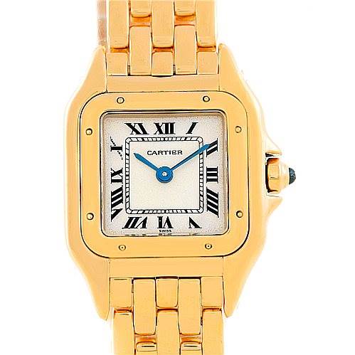 The image shows a front-facing view of a Cartier Panthère watch, highlighting its square face, Roman numeral dial, and gold bracelet.
